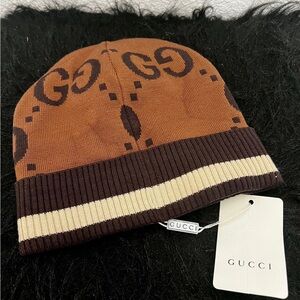 Gucci Tan and Brown Logo Beanie